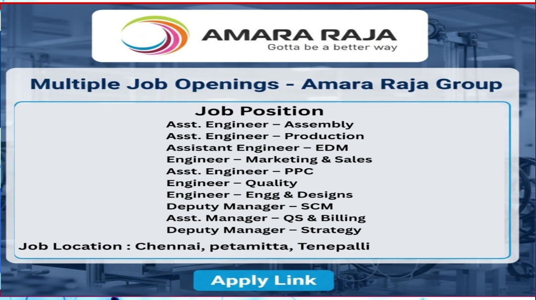 Mechanical Assembly Engineer Jobs at Amara Raja Petamitta, Amara Raja jobs, Petamitta careers, Amara Raja recruitment, mechanical engineer jobs India, assembly engineer vacancy, manufacturing jobs India, production engineer jobs, quality engineer jobs, PPC engineer jobs, engineer jobs in Chennai, engineer jobs in Oragadam, Tool & Die engineer jobs, SCM jobs India, engineering careers 2025, Amara Raja latest openings, apply online Amara Raja, engineering design jobs, assistant engineer vacancies, diploma engineer jobs, BE mechanical jobs.