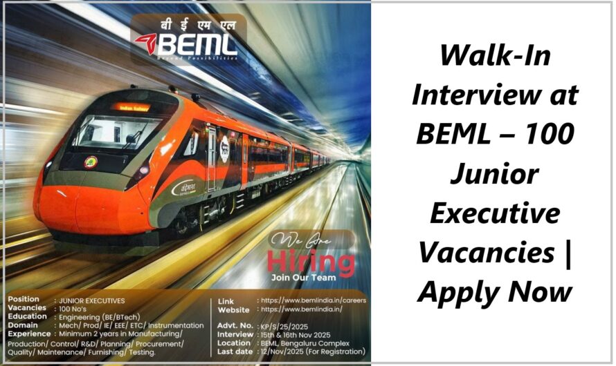 Walk-In Interview at BEML – 100 Junior Executive Vacancies | Apply Now