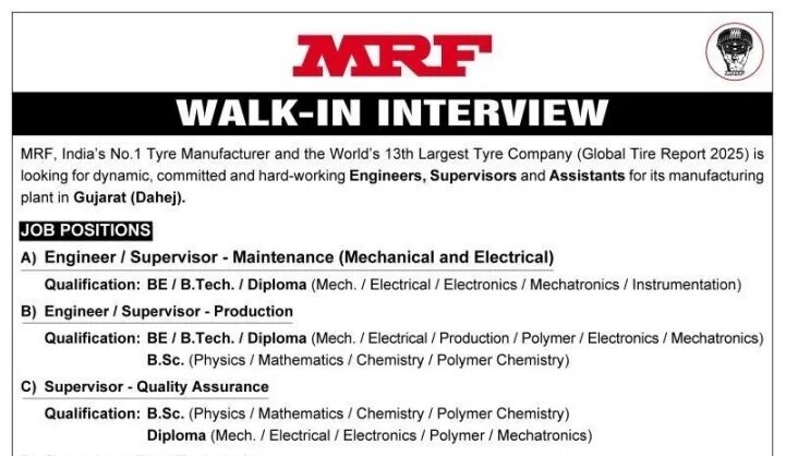 MRF Limited Walk-In Interview 2026: Engineers, Supervisors & Assistants Hiring in Gujarat (Dahej Plant)